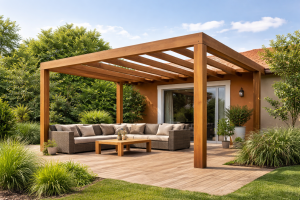 Pergola drewniana tarasowa z zadaszeniem przy domu – Pergoland