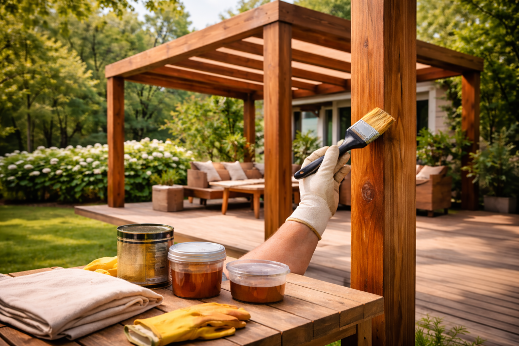 Konserwacja pergoli drewnianej na tarasie – olejowanie drewna pergoli